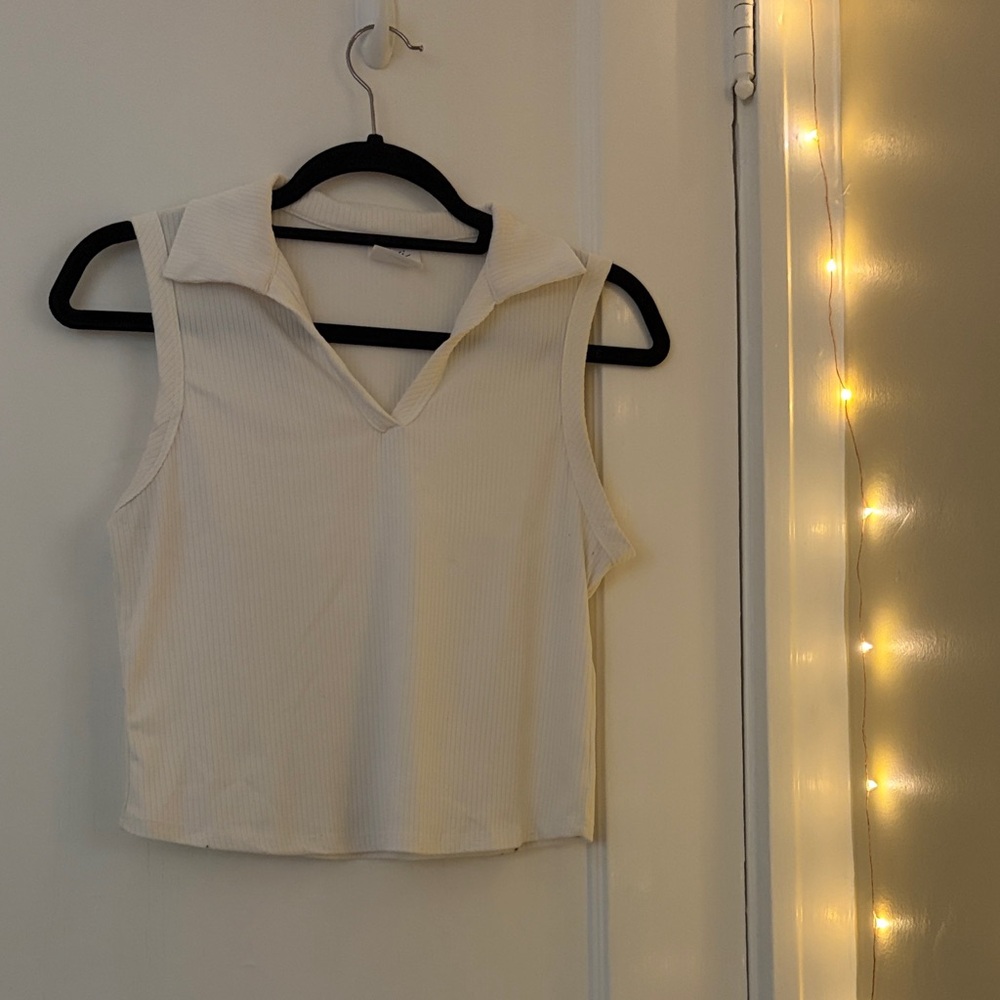 Sleeveless Ribbed Collared Tank Top - Cream